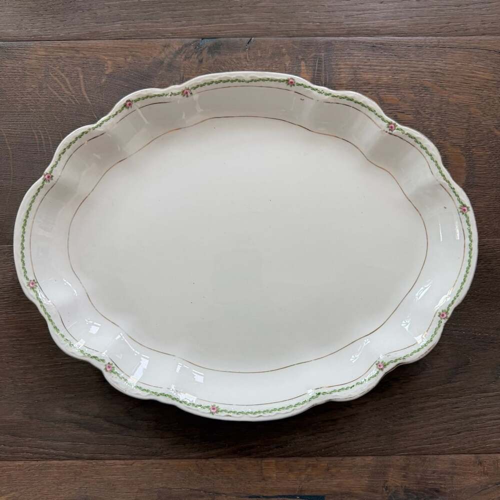 Homer Laughlin Vintage XL Scalloped 15” Platter ~ Pink Rose, Gold